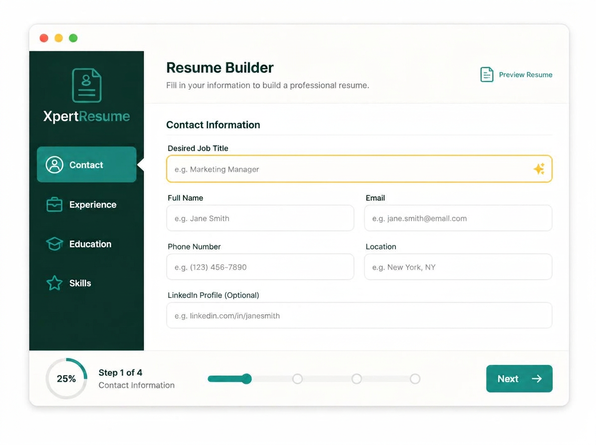 XpertRes builder form with guided sections and a job title field