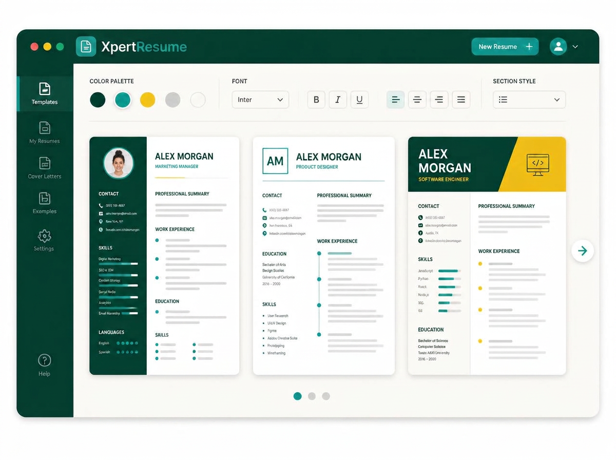 XpertRes template gallery showing three resume layouts side by side